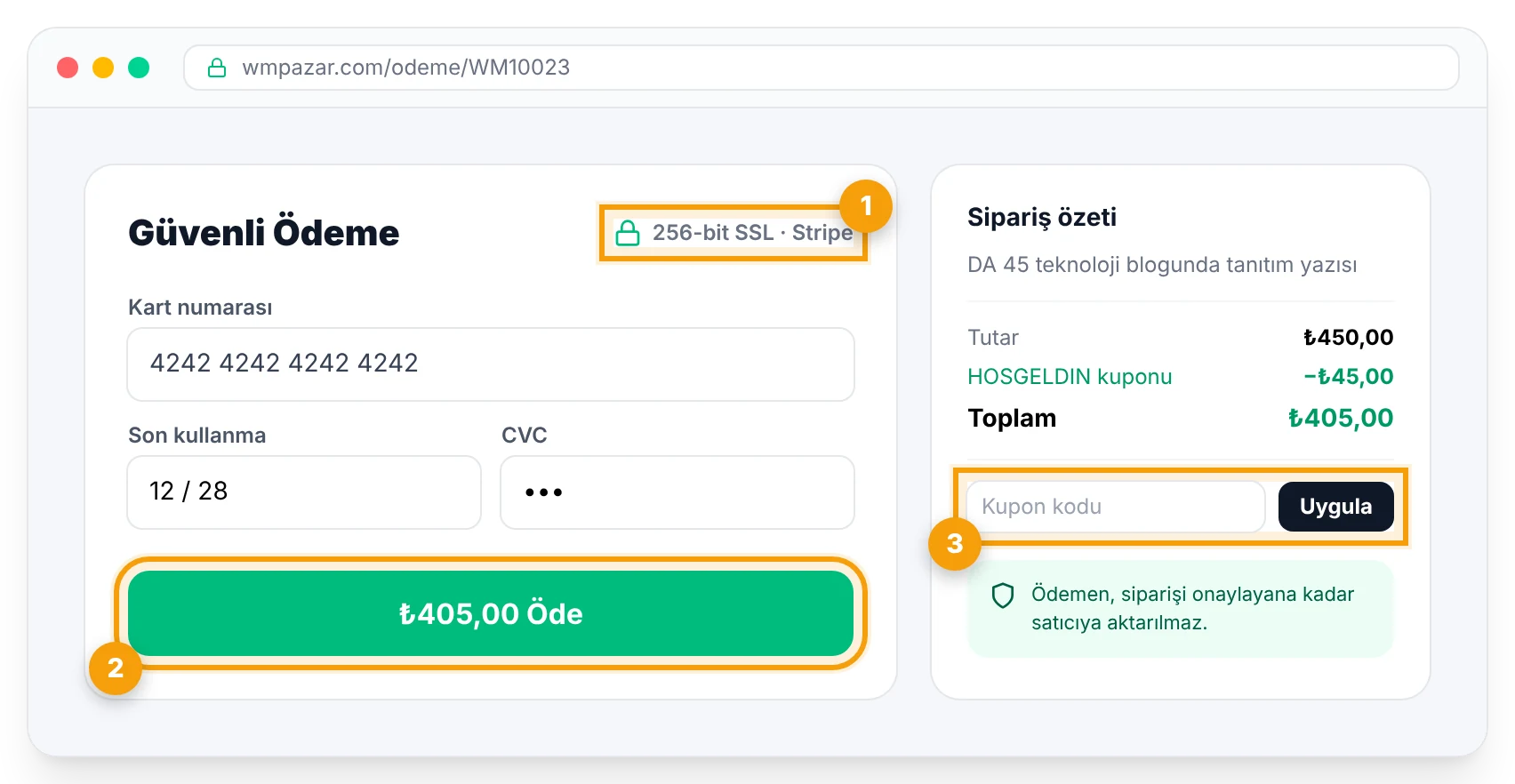 Ödeme sayfası: güvenli kart formu ve kupon