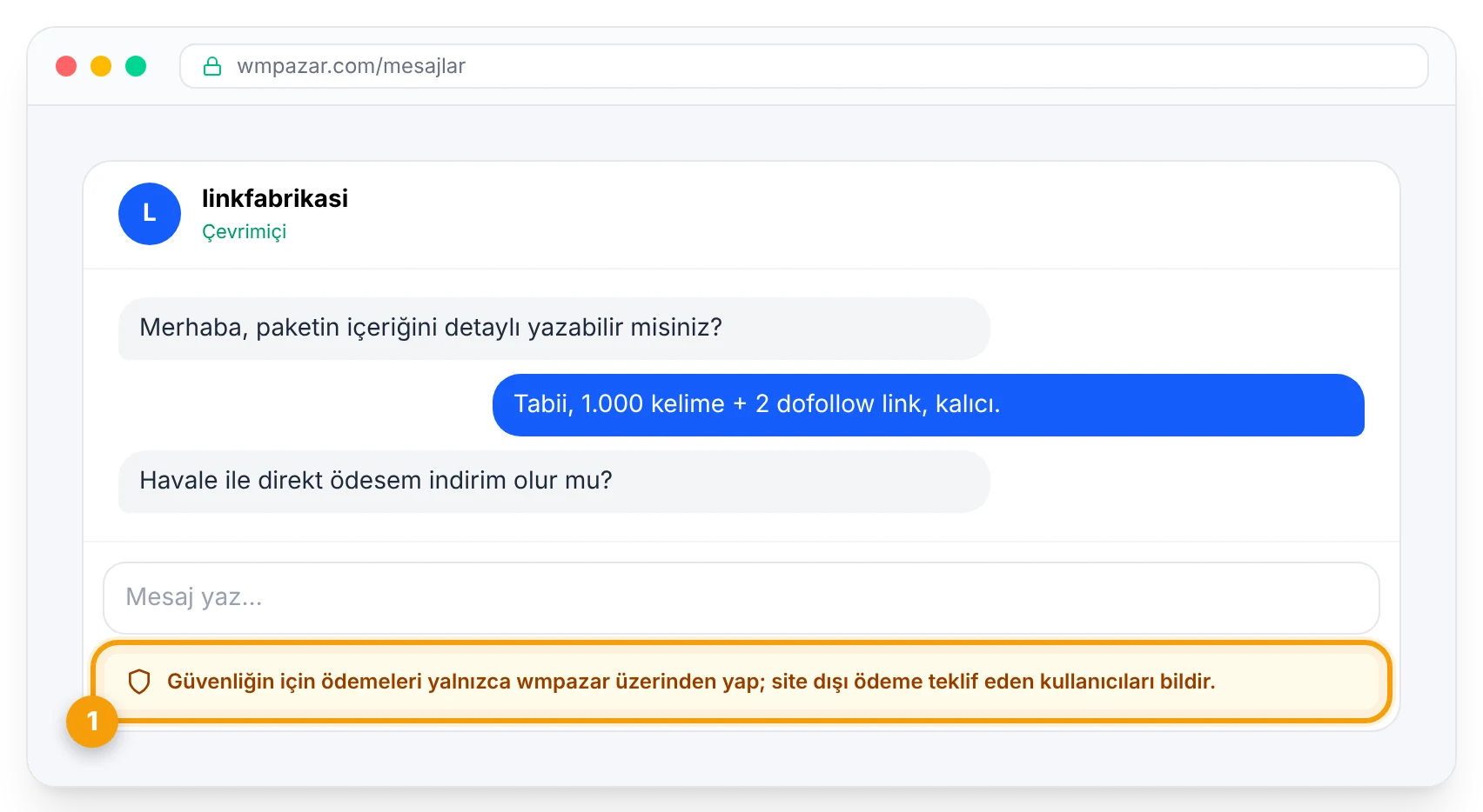 Mesajlaşma ekranında güvenlik uyarısı