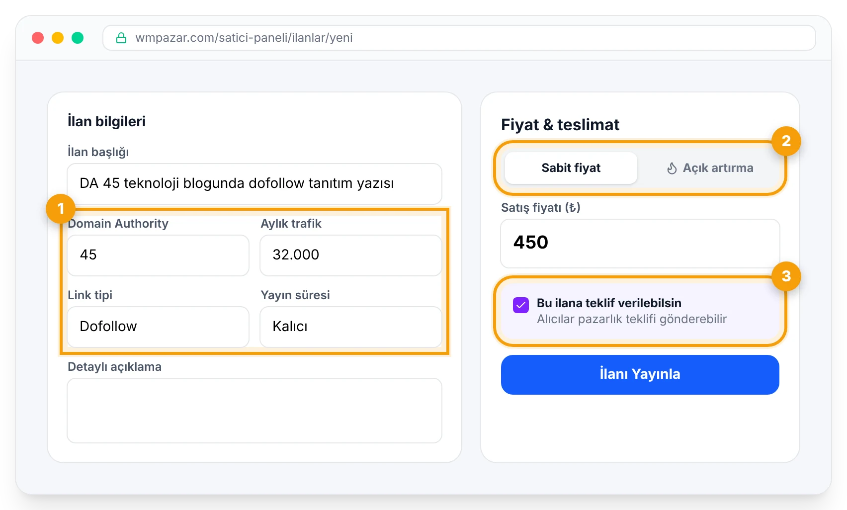 İlan formu: kategori alanları, satış türü ve teklif seçeneği
