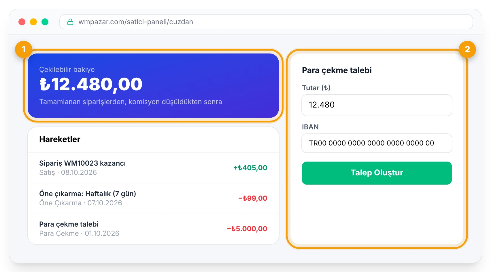 Cüzdan: bakiye, hareketler ve para çekme