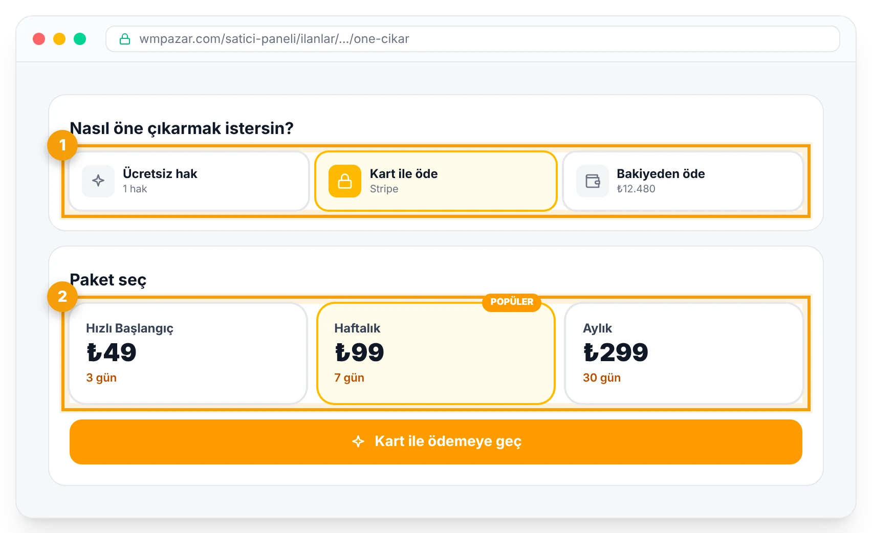 Öne çıkarma: ödeme yöntemi ve paket seçimi